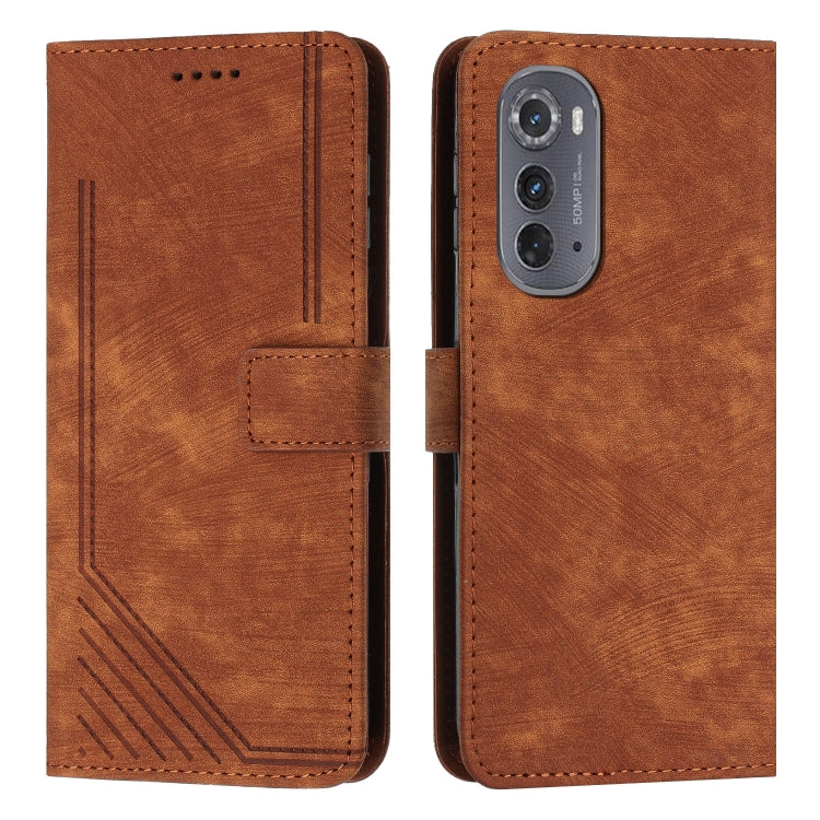 For Motorola Edge 2022 Skin Feel Stripe Pattern Leather Phone Case with Lanyard