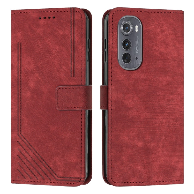 For Motorola Edge 2022 Skin Feel Stripe Pattern Leather Phone Case with Lanyard