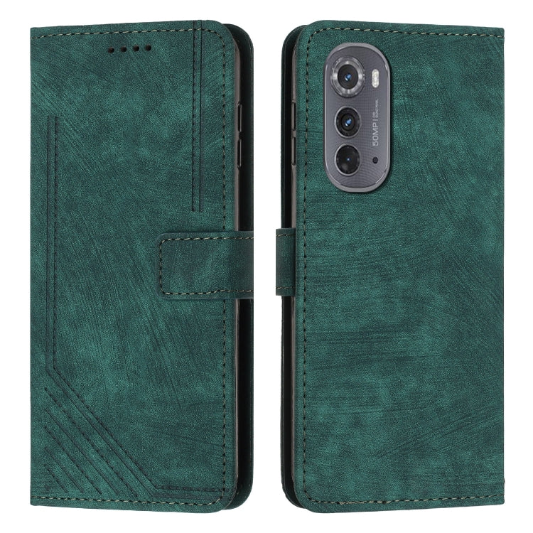 For Motorola Edge 2022 Skin Feel Stripe Pattern Leather Phone Case with Lanyard