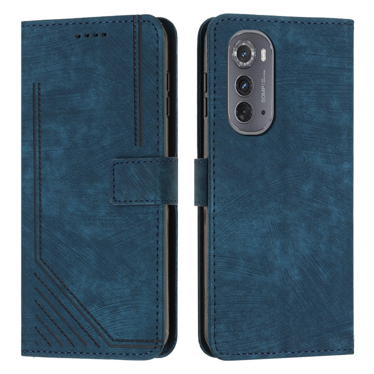 For Motorola Edge 2022 Skin Feel Stripe Pattern Leather Phone Case with Lanyard