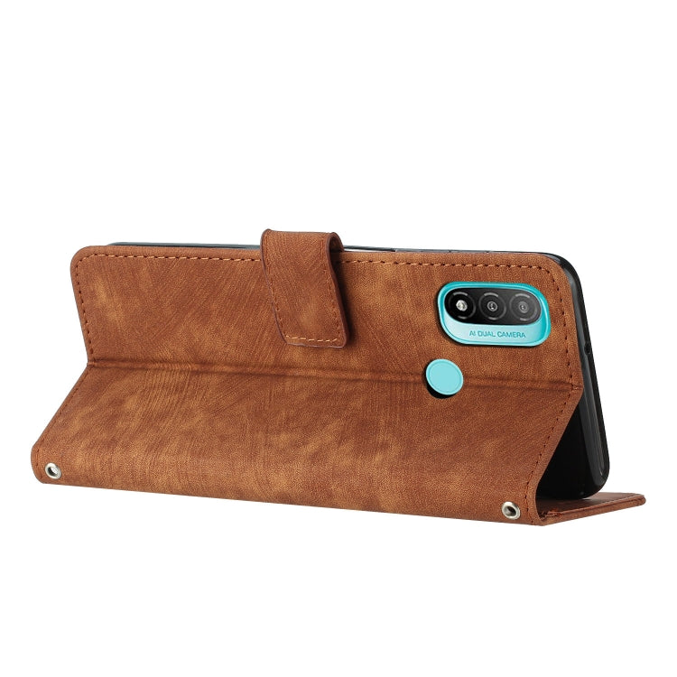 For Motorola Moto E20 / E30 / E40 Skin Feel Stripe Pattern Leather Phone Case with Lanyard