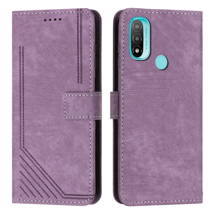 For Motorola Moto E20 / E30 / E40 Skin Feel Stripe Pattern Leather Phone Case with Lanyard