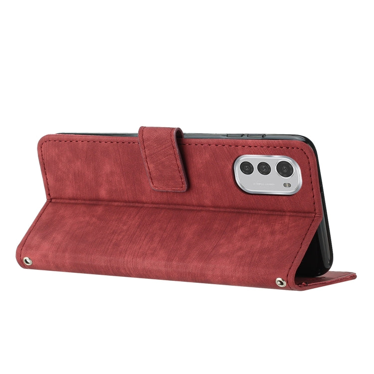 For Motorola Moto E32 Skin Feel Stripe Pattern Leather Phone Case with Lanyard