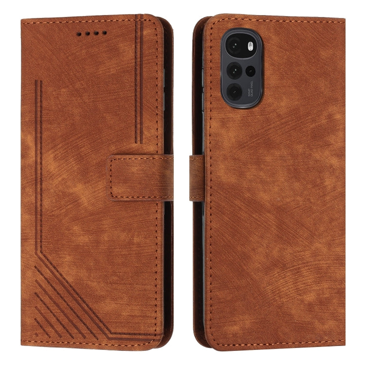 For Motorola Moto G22 Skin Feel Stripe Pattern Leather Phone Case with Lanyard