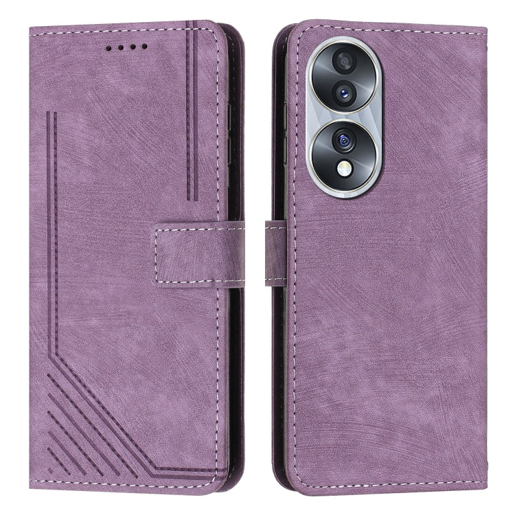 For Honor 70 Skin Feel Stripe Pattern Leather Phone Case with Lanyard