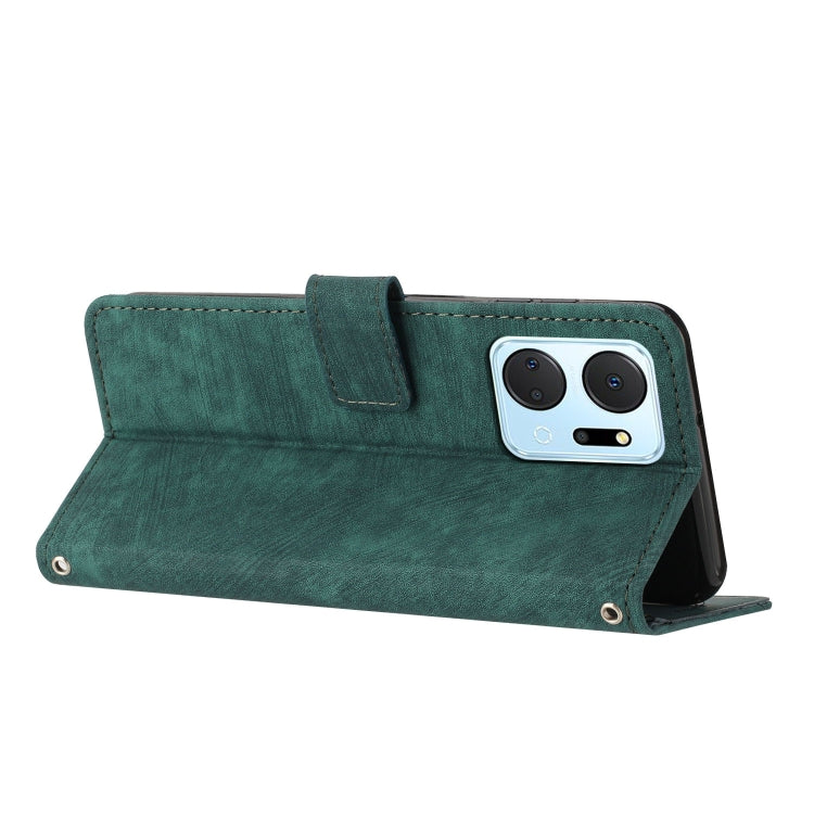 For Honor X7a 4G Global Skin Feel Stripe Pattern Leather Phone Case with Lanyard