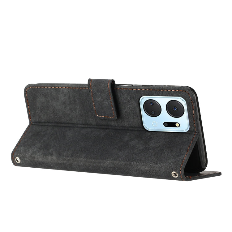 For Honor X7a 4G Global Skin Feel Stripe Pattern Leather Phone Case with Lanyard