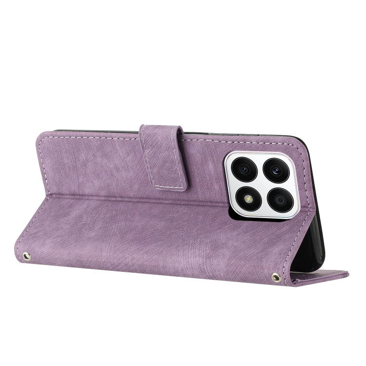 For Honor X8a 4G Global Skin Feel Stripe Pattern Leather Phone Case with Lanyard