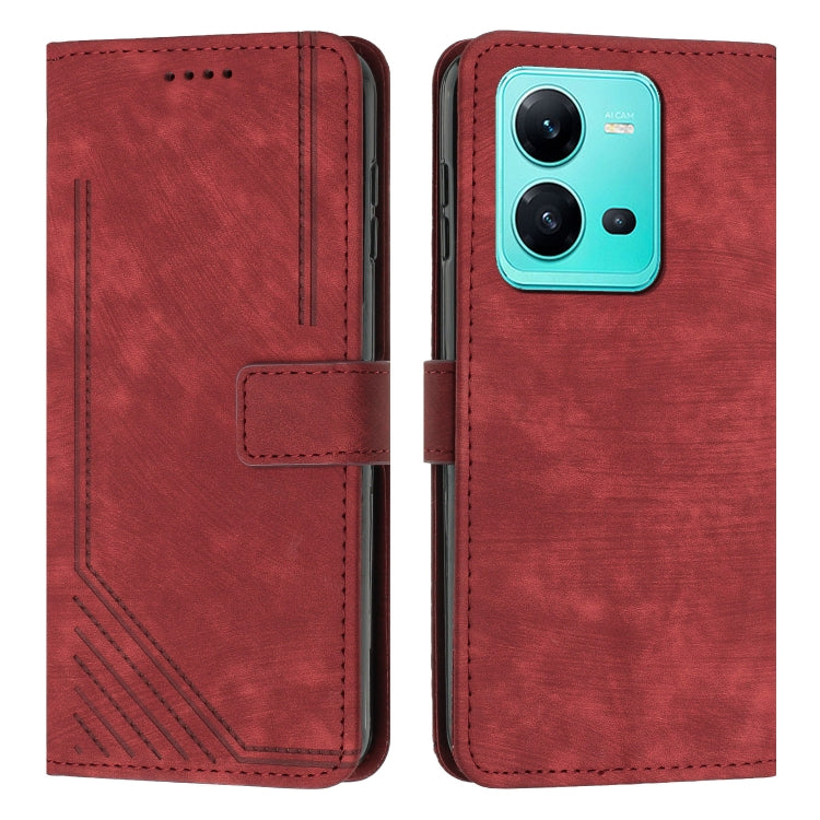 For vivo V25 / V25e / X80 Lite Skin Feel Stripe Pattern Leather Phone Case with Lanyard