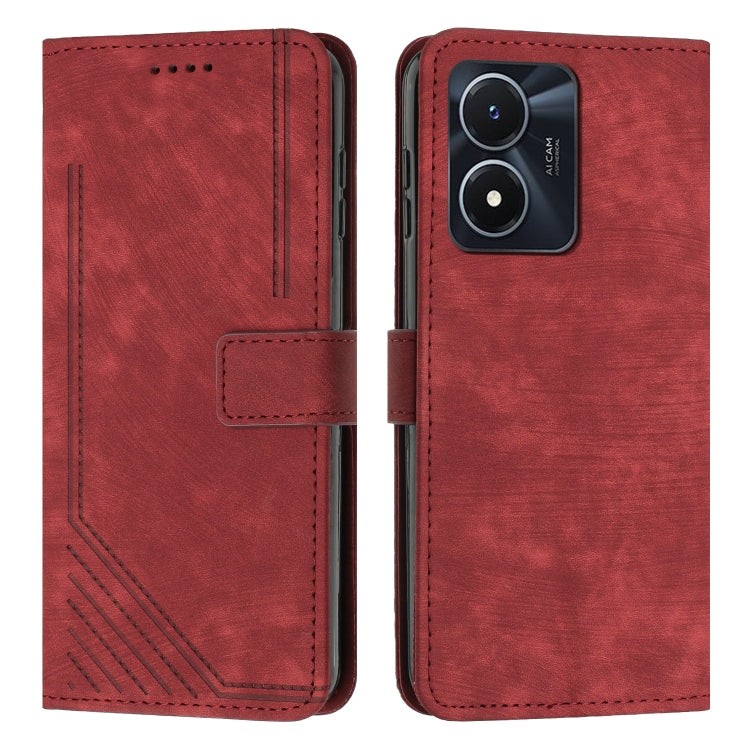 For vivo Y16 / Y02s Skin Feel Stripe Pattern Leather Phone Case with Lanyard