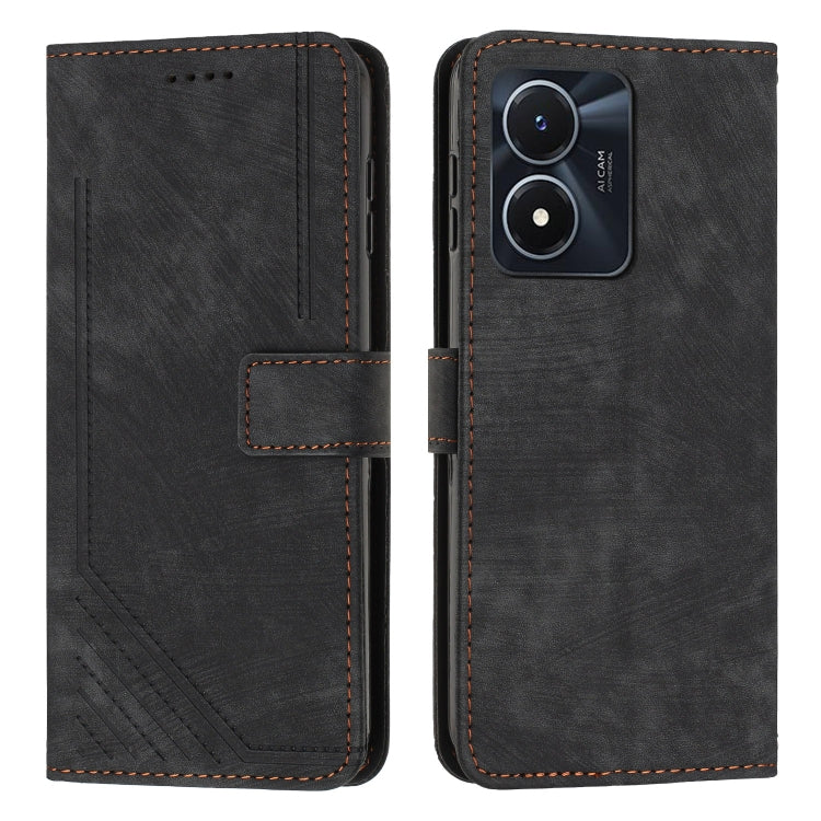 For vivo Y16 / Y02s Skin Feel Stripe Pattern Leather Phone Case with Lanyard