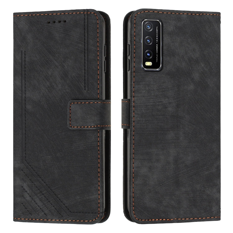 Skin Feel Stripe Pattern Leather Phone Case with Lanyard for vivo Y20 / Y20i / Y20s / Y12s Global / Y11s Global / Y20 2021 / Y20g / Y30g / Y20a Global / Y3s 2021 / iQOO U1x