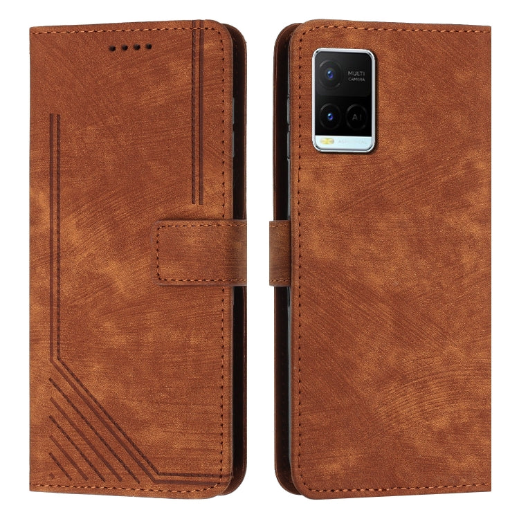 For vivo Y33s / Y21 2021 / Y21s Skin Feel Stripe Pattern Leather Phone Case with Lanyard