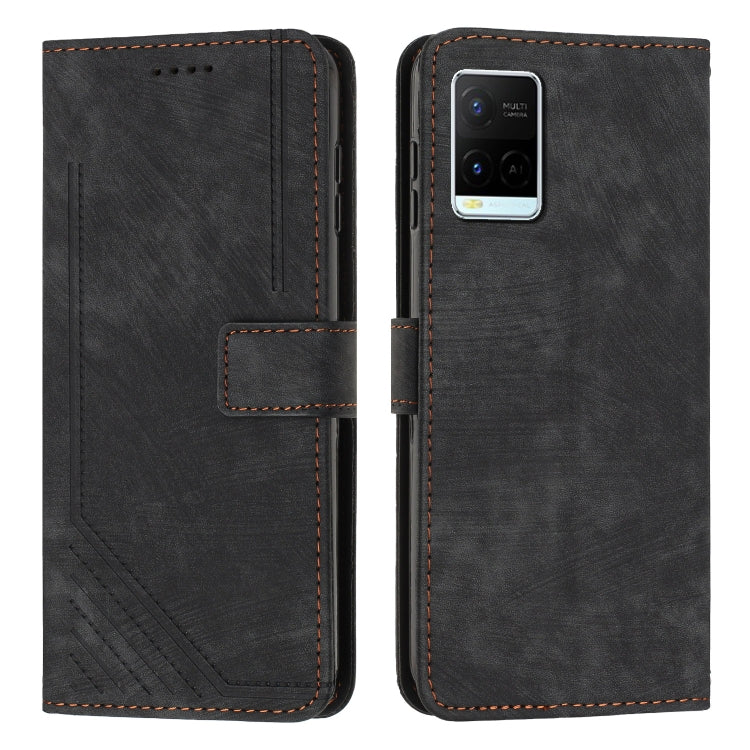 For vivo Y33s / Y21 2021 / Y21s Skin Feel Stripe Pattern Leather Phone Case with Lanyard