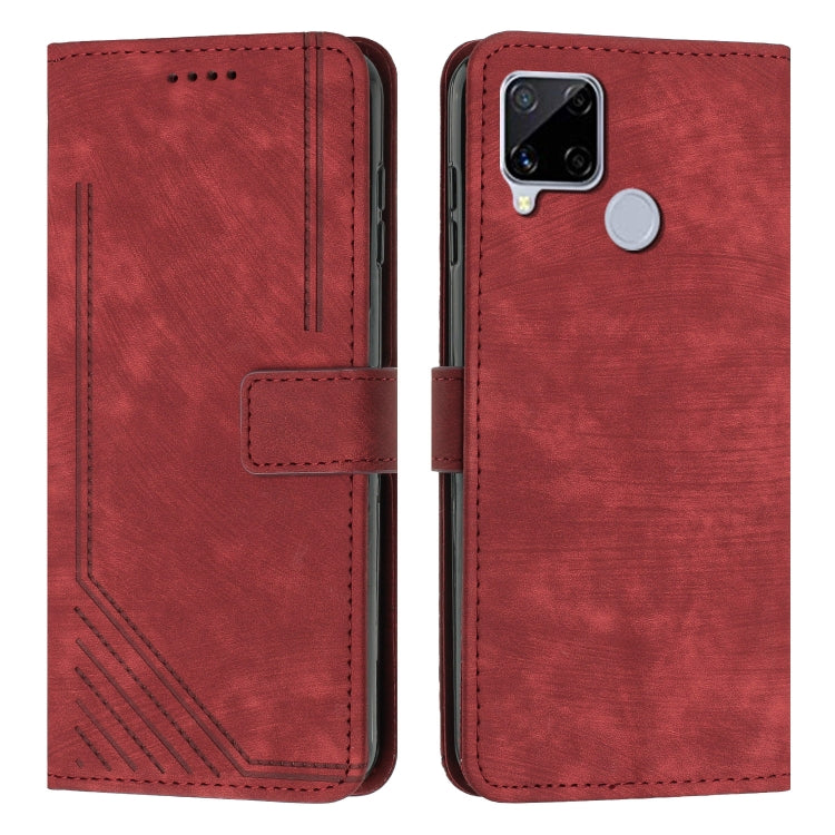 Skin Feel Stripe Pattern Leather Phone Case with Lanyard for Realme C12 / C15 / C25 / C25s / 7i Global / Narzo 20 / Narzo 30A