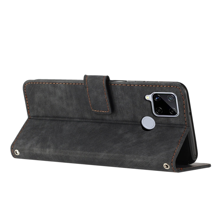 Skin Feel Stripe Pattern Leather Phone Case with Lanyard for Realme C12 / C15 / C25 / C25s / 7i Global / Narzo 20 / Narzo 30A