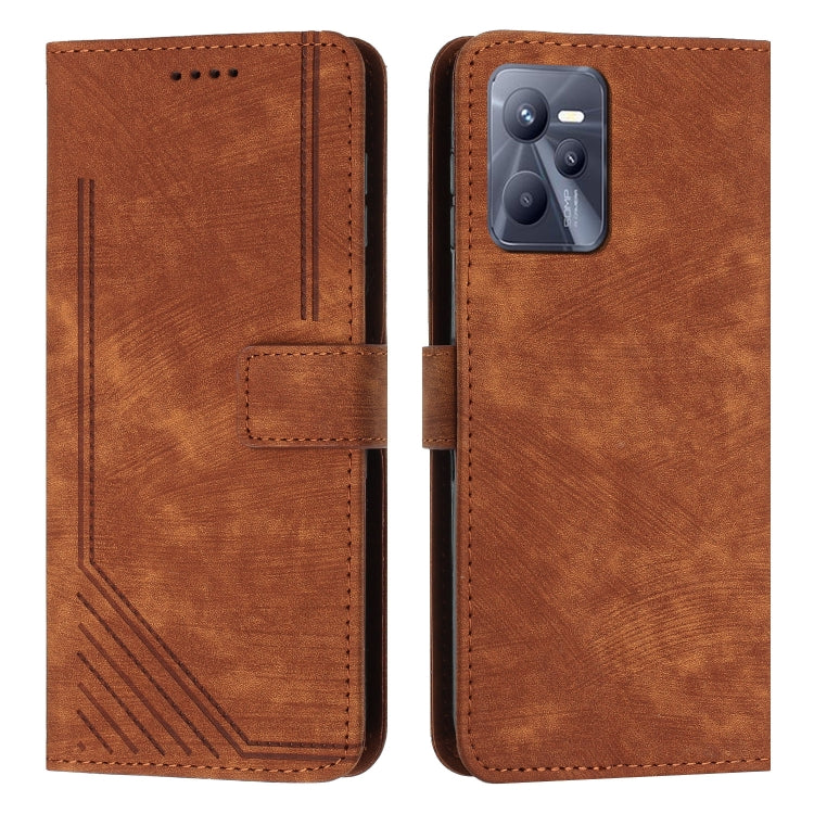 For Realme C35 / Narzo 50A Prime Skin Feel Stripe Pattern Leather Phone Case with Lanyard