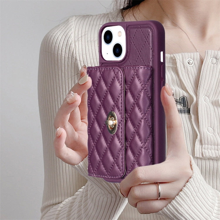 For iPhone 14 Horizontal Metal Buckle Wallet Rhombic Leather Phone Case