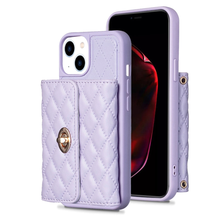 For iPhone 14 Horizontal Metal Buckle Wallet Rhombic Leather Phone Case