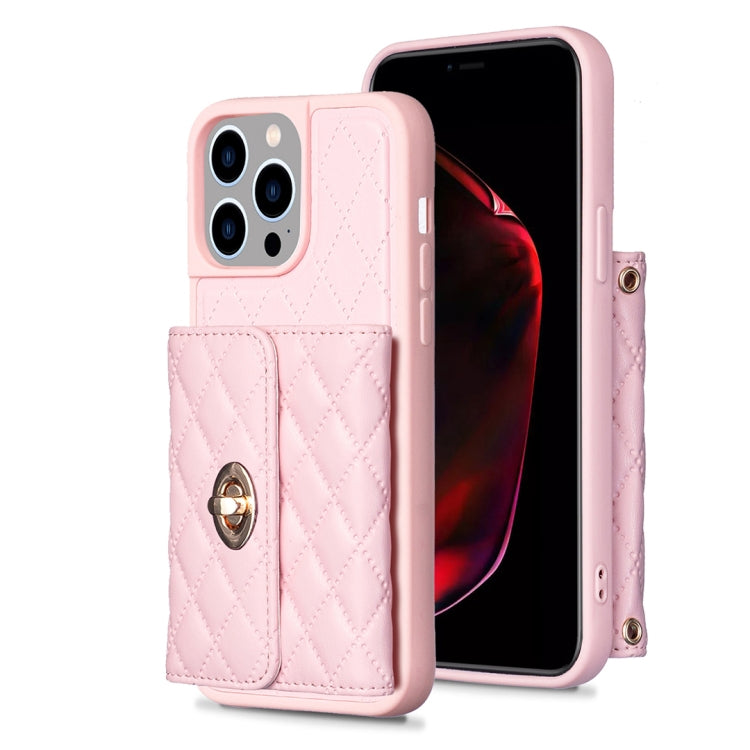 For iPhone 14 Pro Horizontal Metal Buckle Wallet Rhombic Leather Phone Case