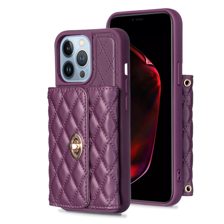 For iPhone 14 Pro Horizontal Metal Buckle Wallet Rhombic Leather Phone Case