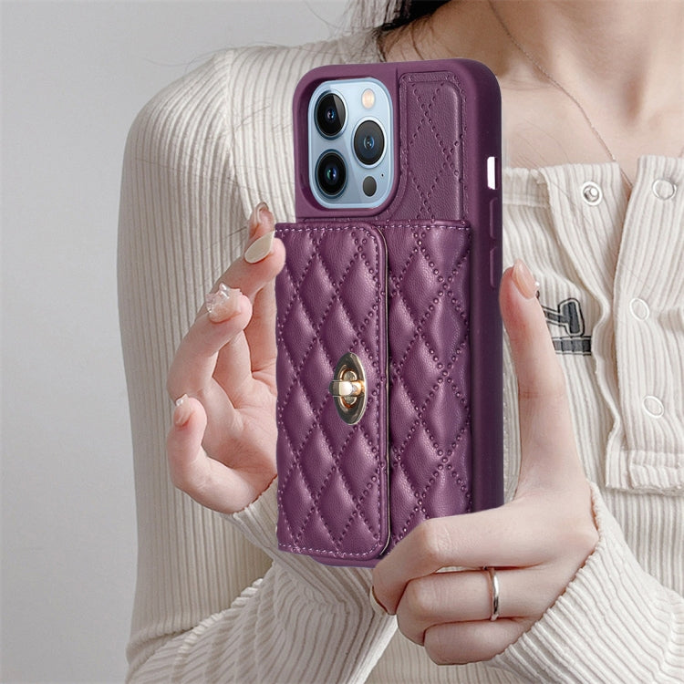 For iPhone 14 Pro Horizontal Metal Buckle Wallet Rhombic Leather Phone Case