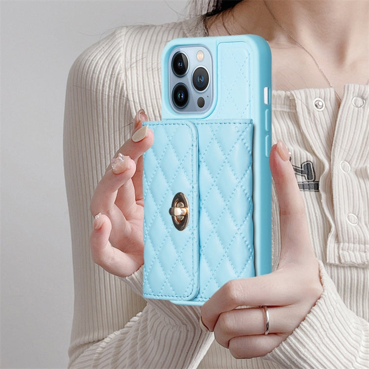 For iPhone 14 Pro Horizontal Metal Buckle Wallet Rhombic Leather Phone Case