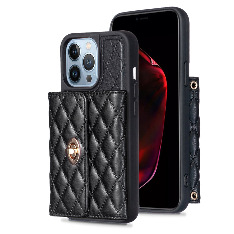 For iPhone 14 Pro Horizontal Metal Buckle Wallet Rhombic Leather Phone Case