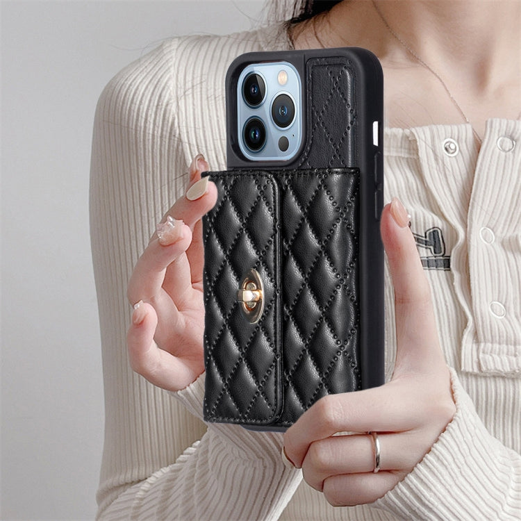 For iPhone 14 Pro Horizontal Metal Buckle Wallet Rhombic Leather Phone Case