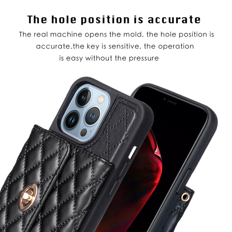 For iPhone 14 Pro Horizontal Metal Buckle Wallet Rhombic Leather Phone Case