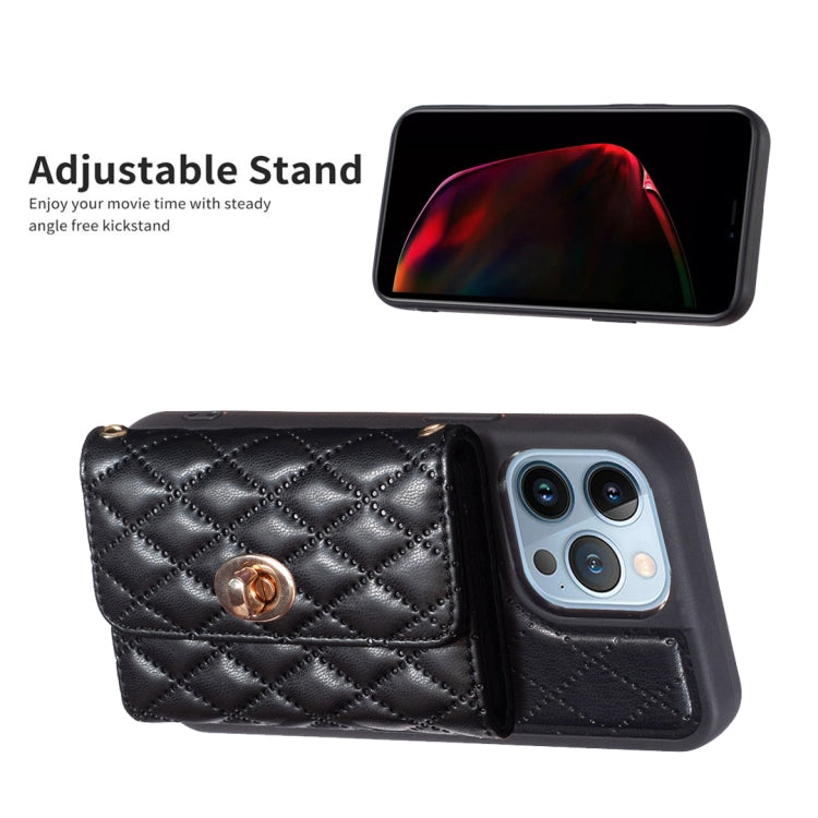 For iPhone 14 Pro Horizontal Metal Buckle Wallet Rhombic Leather Phone Case