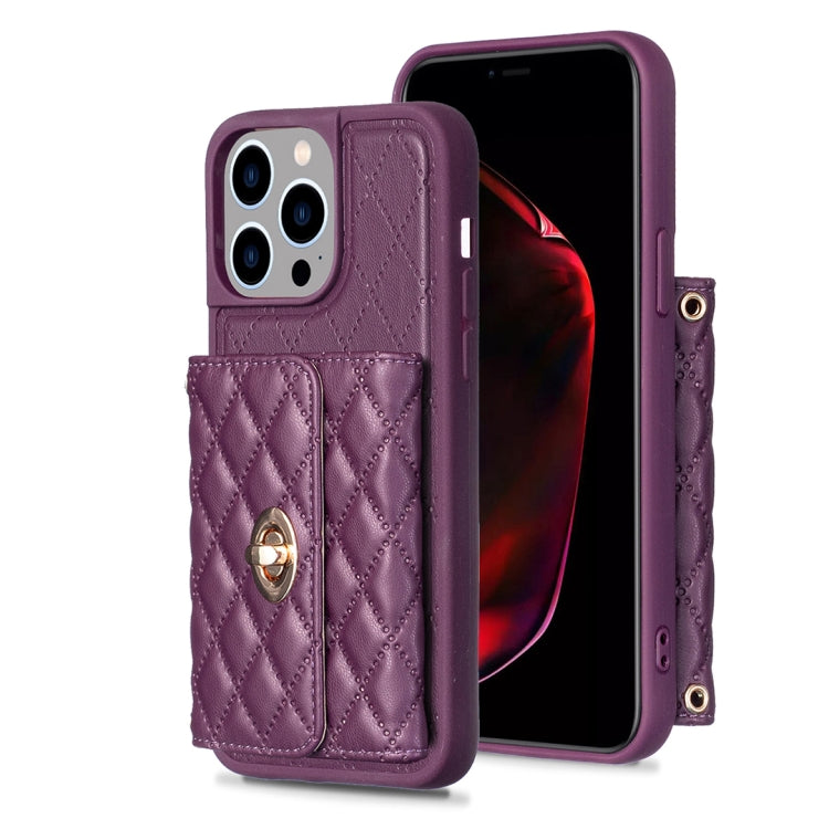 For iPhone 14 Pro Max Horizontal Metal Buckle Wallet Rhombic Leather Phone Case
