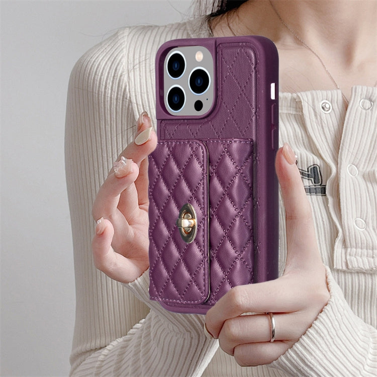For iPhone 14 Pro Max Horizontal Metal Buckle Wallet Rhombic Leather Phone Case