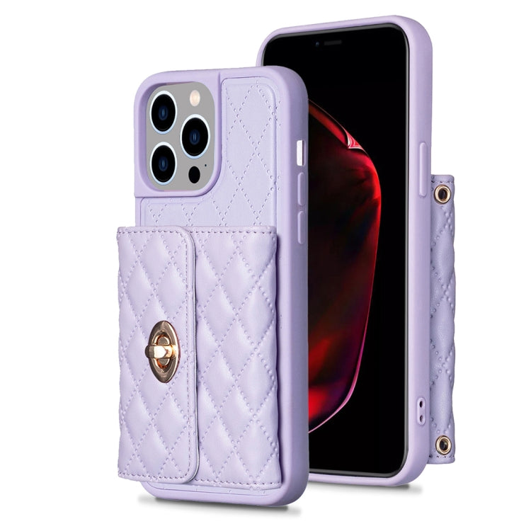For iPhone 14 Pro Max Horizontal Metal Buckle Wallet Rhombic Leather Phone Case