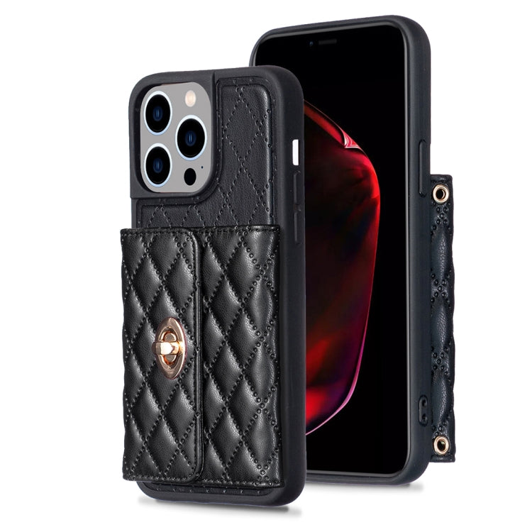 For iPhone 14 Pro Max Horizontal Metal Buckle Wallet Rhombic Leather Phone Case