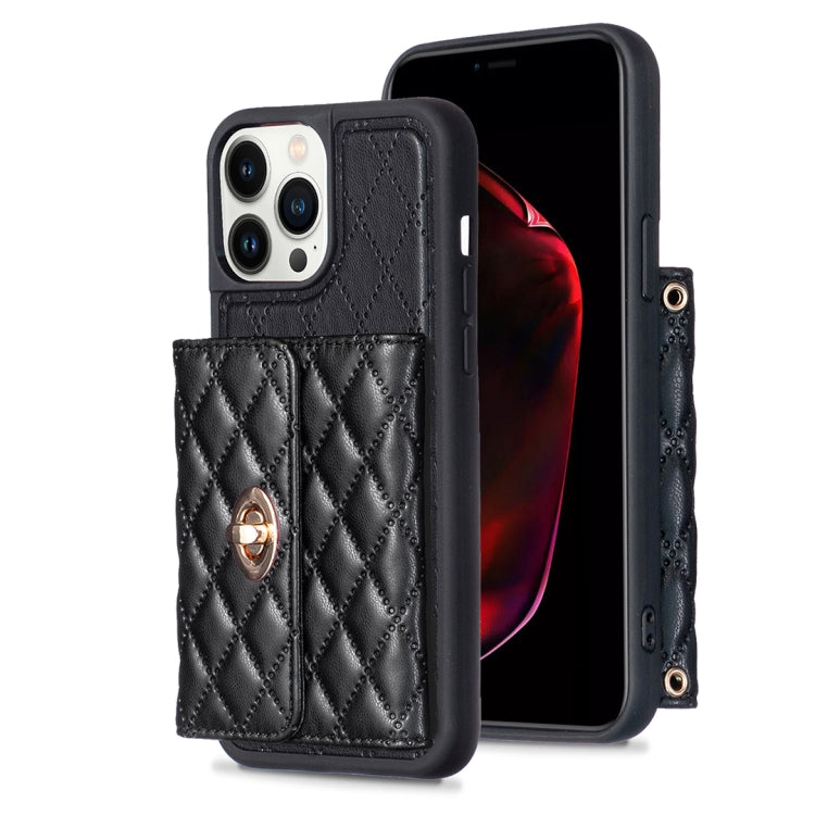 For iPhone 13 Pro Max Horizontal Metal Buckle Wallet Rhombic Leather Phone Case