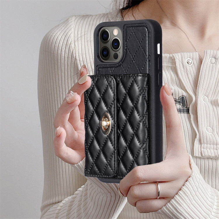 For iPhone 12 / 12 Pro Horizontal Metal Buckle Wallet Rhombic Leather Phone Case