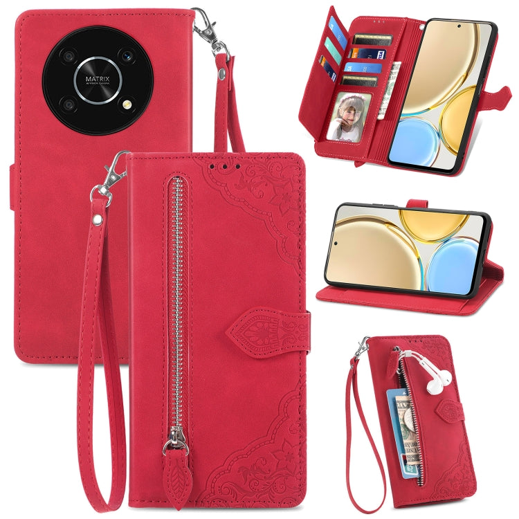 For Honor X30 5G Embossed Flower Zipper Leather Phone Case