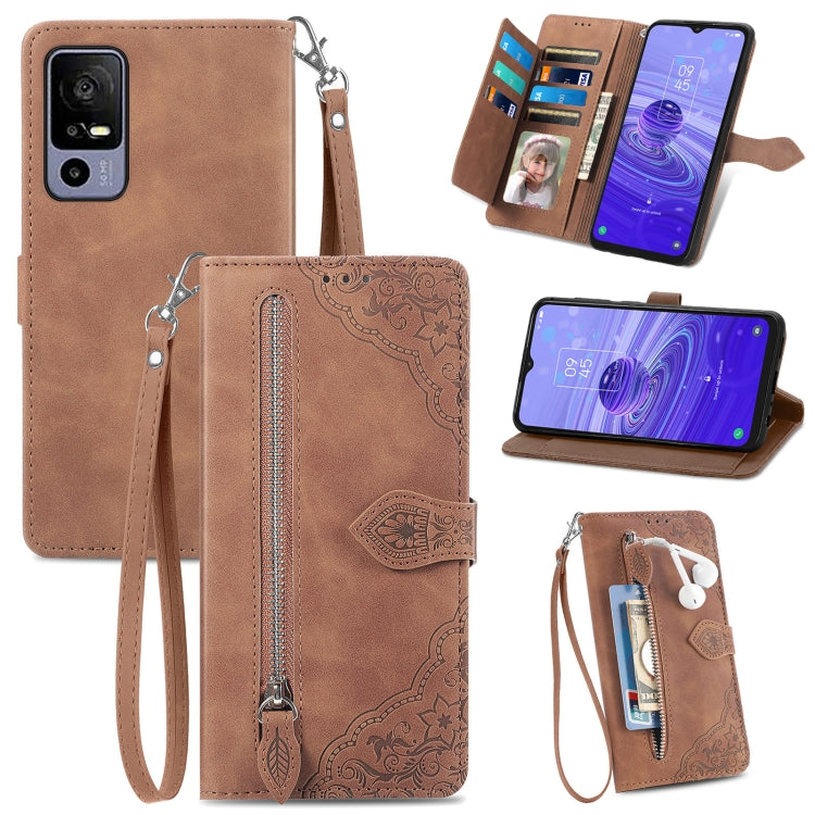 For TCL 40R Embossed Flower Zipper Leather Phone Case