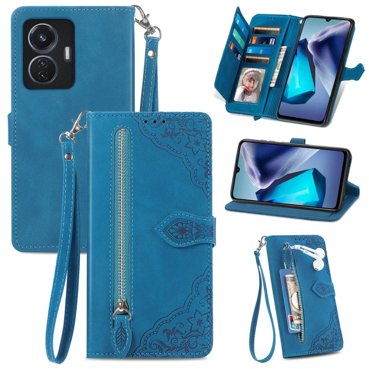 For vivo T1 Embossed Flower Zipper Leather Phone Case