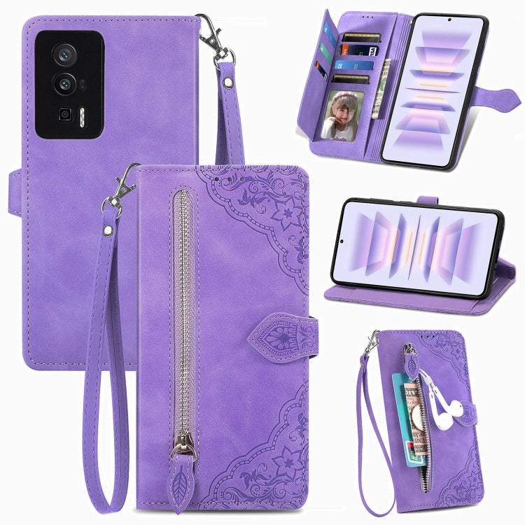 For Xiaomi Redmi K60 Pro Embossed Flower Zipper Leather Phone Case