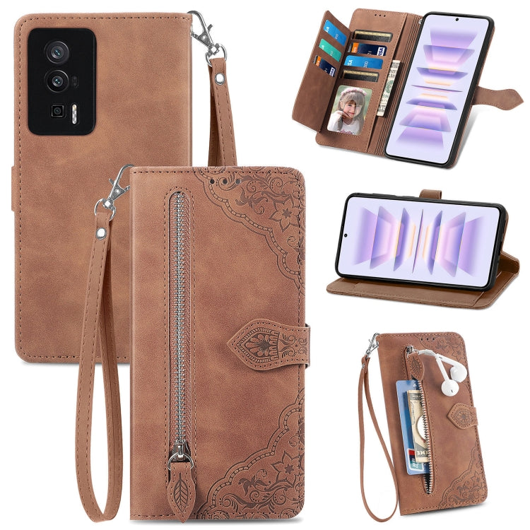 For Xiaomi Redmi K60 Pro Embossed Flower Zipper Leather Phone Case