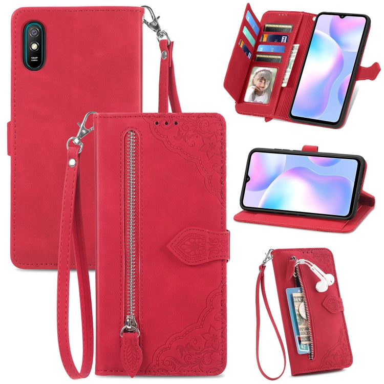 For Xiaomi Redmi 9A Embossed Flower Zipper Leather Phone Case