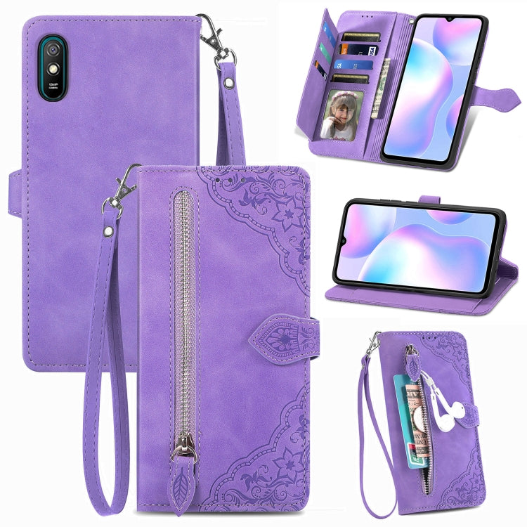 For Xiaomi Redmi 9A Embossed Flower Zipper Leather Phone Case
