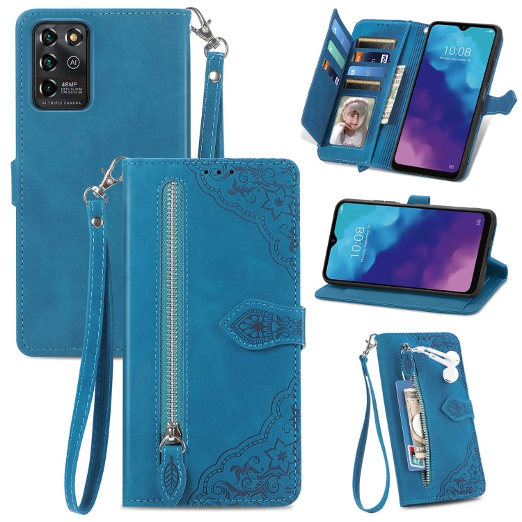 For ZTE Blade V30 Vita Embossed Flower Zipper Leather Phone Case