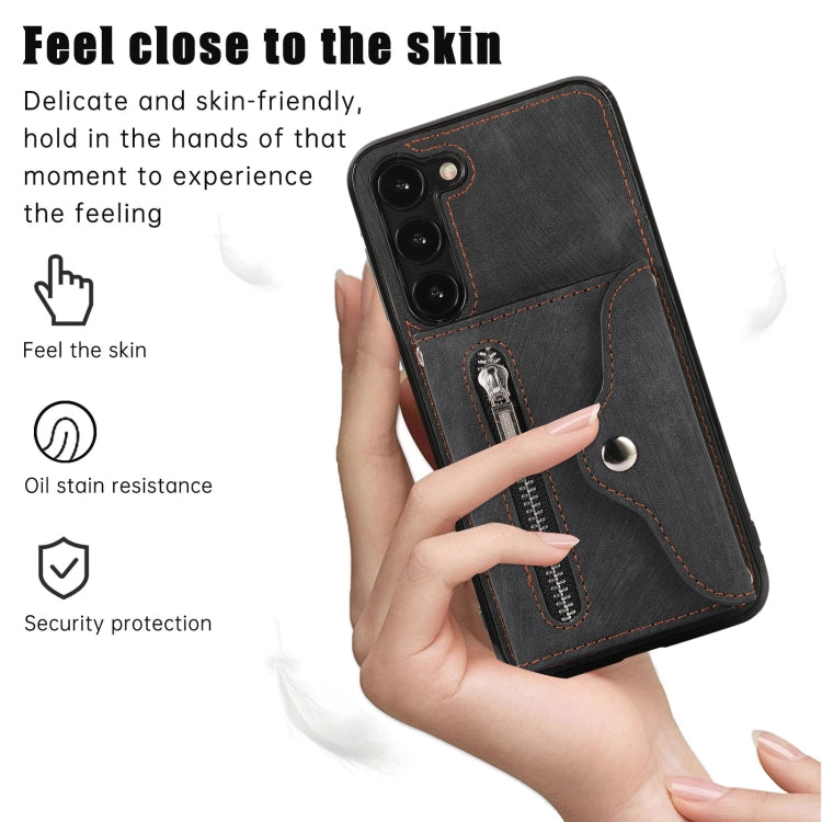 For Samsung Galaxy S23+ 5G Zipper RFID Card Slots Phone Case with Short Lanyard