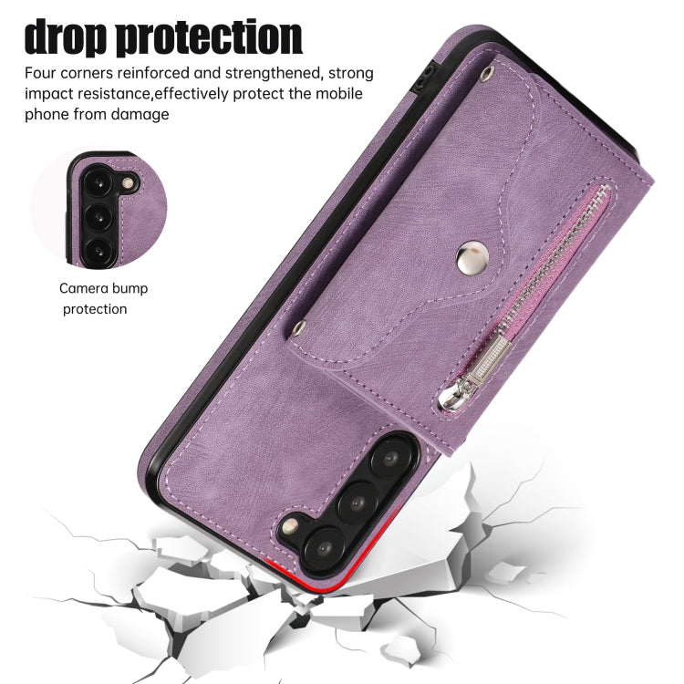 For Samsung Galaxy S23+ 5G Zipper RFID Card Slots Phone Case with Short Lanyard