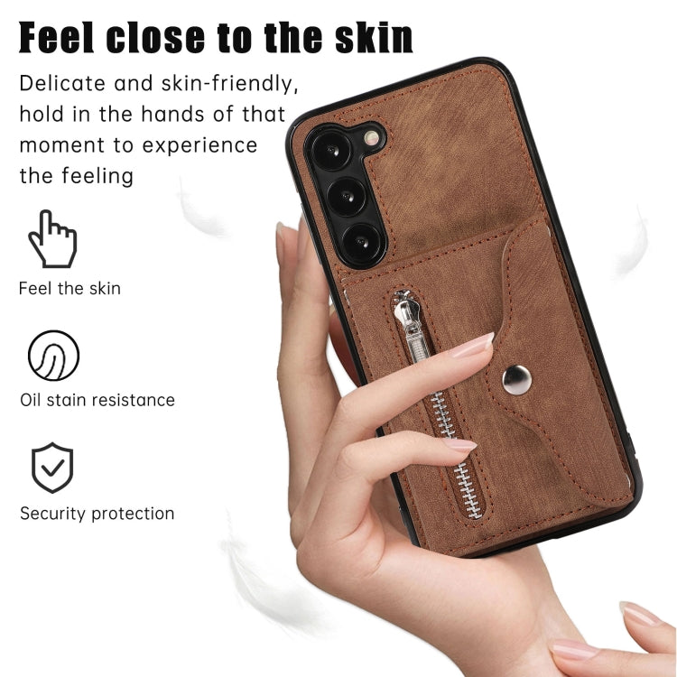 For Samsung Galaxy S23+ 5G Zipper RFID Card Slots Phone Case with Short Lanyard