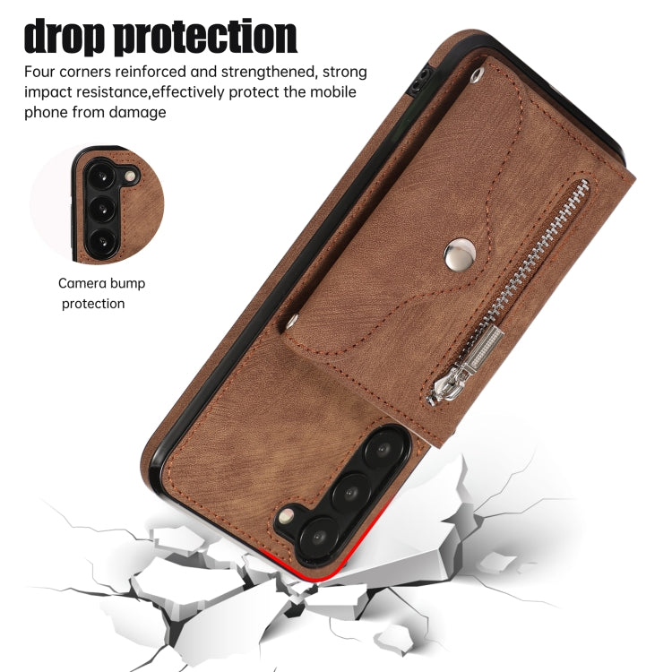 For Samsung Galaxy S23+ 5G Zipper RFID Card Slots Phone Case with Short Lanyard