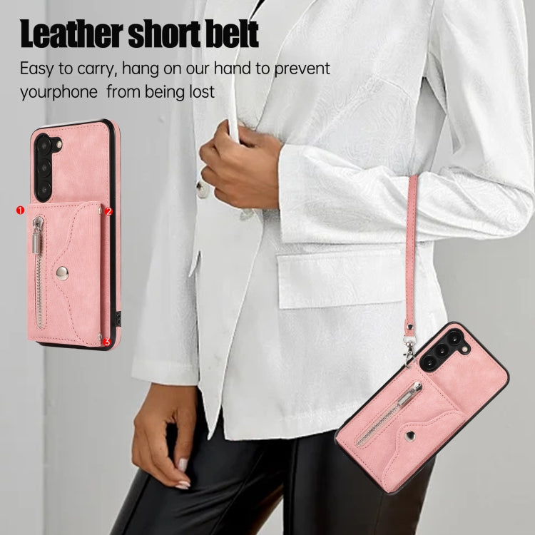 For Samsung Galaxy S22 5G Zipper RFID Card Slots Phone Case with Short Lanyard
